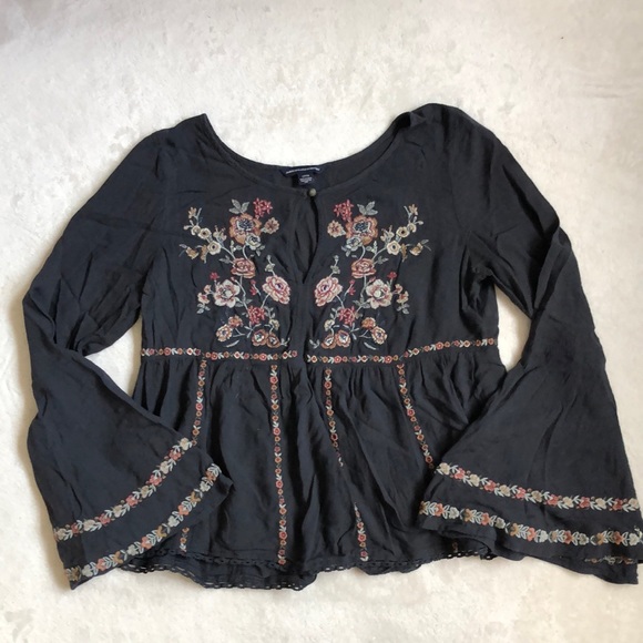 American Eagle Outfitters Tops - AEO Dark Grey Embroidered Floral Long Sleeve Blouse